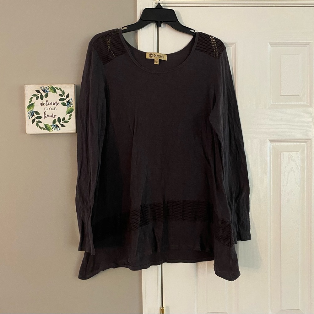Democracy Charcoal Gray Mesh Detail Long Sleeve Tunic Top Size XL Womens
